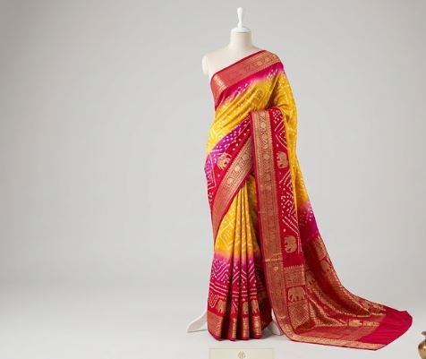 Bandhani Saree – Yellow, Fuchsia & White