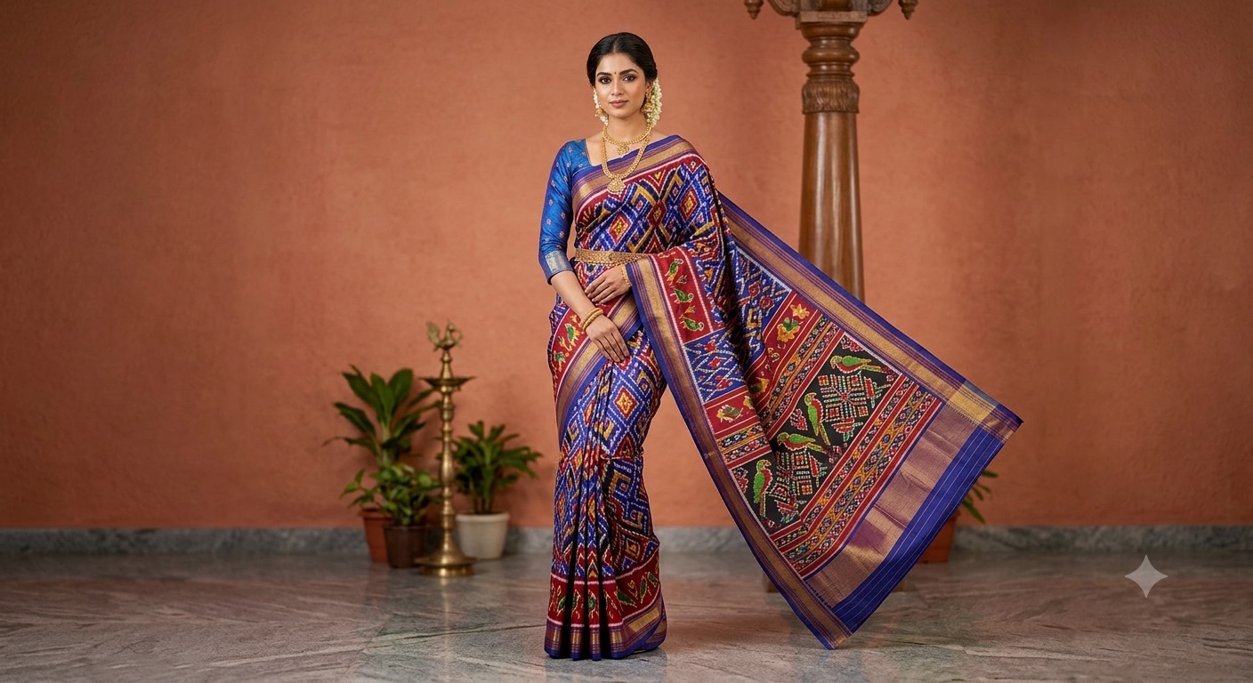 Sambalpuri Ikat Saree – Brick Red & Black
