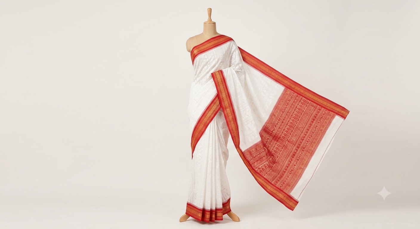 Tant Cotton Saree – White & Red